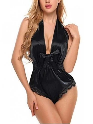 Bustiers & Corsets Silk Pajamas Sexy Satin Underwear Jumpsuit Bodysuit Teddy Lingerie Sleepwear - Black - CG195AQ52AS $8.46