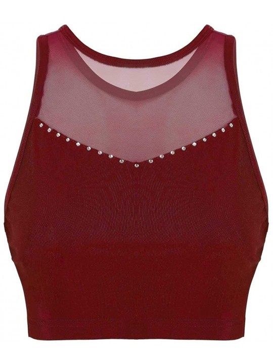 Camisoles & Tanks Women's Sheer Back Mesh Cutout Shiny Rhinestones Tanks Tops Crop Top for Dancewear - Burgundy - CU199XS0Q84...