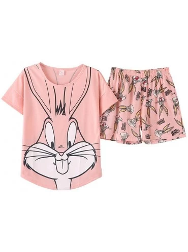 Sets Cute Pajama Set Pink Bugs Bunny Cartoon Summer Short Pyjamas Women Polyester Printing Womens Clothings - Pink - C018X8R5...