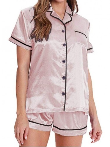 Bras Women Lingeries Summer Home Button up Solid Satin Pajama Short Sleeve Set Sleepwear Thin Lingeries - Pink - CK18S6X9T02 ...