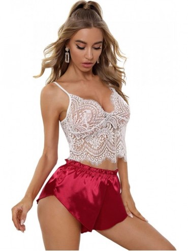 Sets Women's 2 Piece Lace Cami Top with Shorts Sexy Lingerie Pajama Set - Red and White - CH19EOTK87Y $44.50