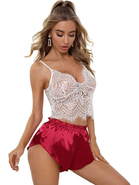 Sets Women's 2 Piece Lace Cami Top with Shorts Sexy Lingerie Pajama Set - Red and White - CH19EOTK87Y $22.25
