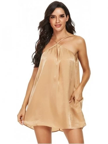 Nightgowns & Sleepshirts Women's Summer Satin Nightgown Mini Slip Dress Spaghetti Strap Short Party Dress with Pockets - Cham...