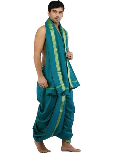 Sleep Sets Ready to Wear Dhoti and Angavastram Set with Woven Golden Border - Colonial Blue - C8127PW2U8H $27.73