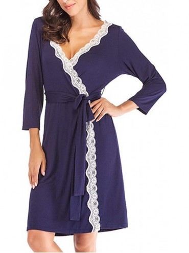 Robes Women Robe Soft Kimono Robes Cotton Bathrobe Sleepwear Loungewear Short - Navy Blue2 - CI18T332CCX $27.72