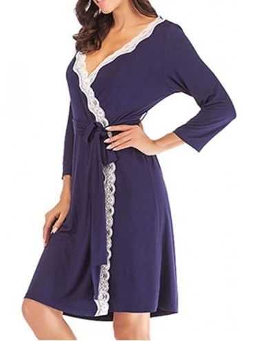 Robes Women Robe Soft Kimono Robes Cotton Bathrobe Sleepwear Loungewear Short - Navy Blue2 - CI18T332CCX $17.74