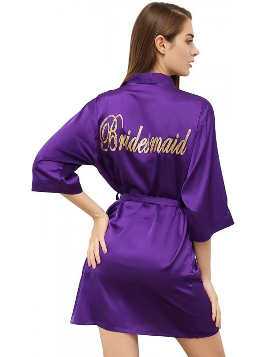 Robes Women Satin Kimono Robe for Bride Bridesmaid Robes Pajamas Wedding Party with Gold Glitter - Purple(bridesmaid) - CV180...