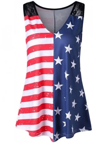 Thermal Underwear Fashion Women Tank American Flag Print Lace Tops Insert V-Neck Shirt Blouse - Multicolor - CG18G85S5KQ $33.54