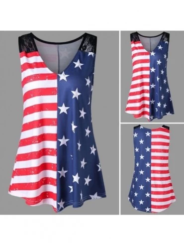 Thermal Underwear Fashion Women Tank American Flag Print Lace Tops Insert V-Neck Shirt Blouse - Multicolor - CG18G85S5KQ $16.77