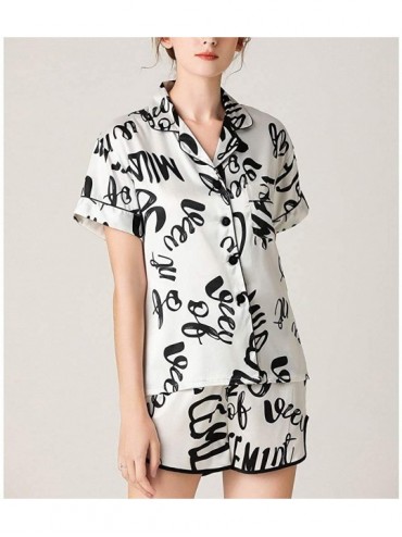 Accessories Silk Pajamas for Women Simulation Print Button Short Sleeve PocketSleepwear Short Nightwear Sets - White - CQ197L...