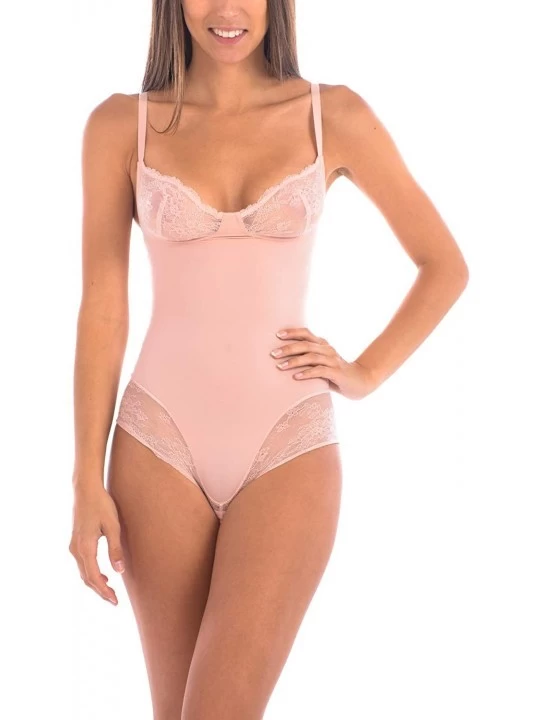 Shapewear Women's Teddy Look Slimming Bodysuit with Sexy Lace Trims at All The Right Places. - Blush - CW18W6L8AAG $18.87