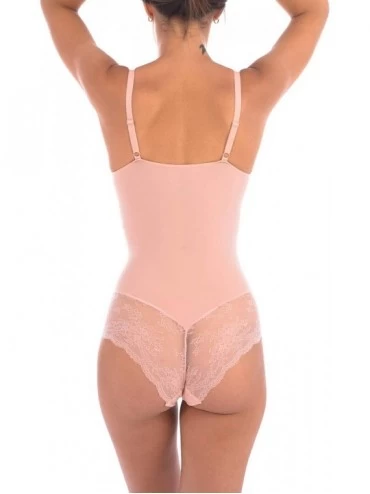 Shapewear Women's Teddy Look Slimming Bodysuit with Sexy Lace Trims at All The Right Places. - Blush - CW18W6L8AAG $18.87