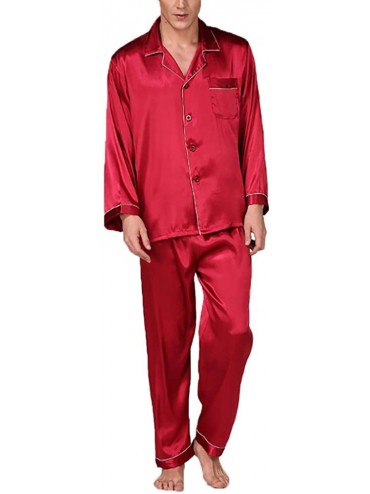 Sleep Sets Men Imitation Silk Pajama Set Shirt Pants Home Gown Sleepwear Nightwear - Red White Side - CB196E90799 $46.26