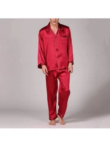 Sleep Sets Men Imitation Silk Pajama Set Shirt Pants Home Gown Sleepwear Nightwear - Red White Side - CB196E90799 $19.36