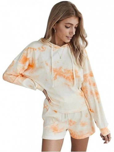 Sets Women Tie dye Pajama Set Nightwear Sleepwear Cute Drawstring V Neck Tie Dyed Loungewear Hoodies with Shorts Orange - C91...