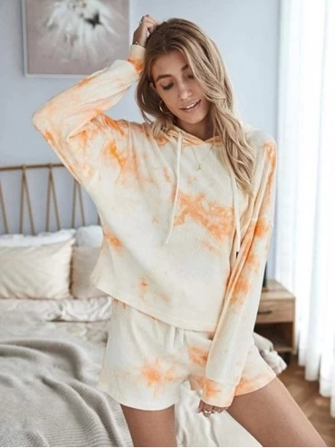 Sets Women Tie dye Pajama Set Nightwear Sleepwear Cute Drawstring V Neck Tie Dyed Loungewear Hoodies with Shorts Orange - C91...