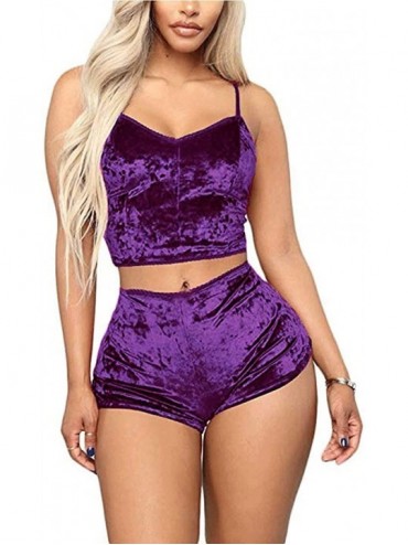 Sets Women's Sexy Velvet Pajamas Set 2 Piece Cami Bralette Shorts Sleepwear Lingerie Sets Homewear Plus Size - Purple - CO195...