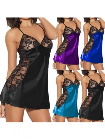 Robes Lingerie Chemise-Women Plus Size Babydoll Lace Silks Lingerie G-String Set Underwear Dress Bodysuit - Blue - CL18UA62KS...