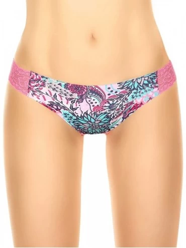 Panties Women's Raw Cut Edge Thong Lace Sides Abstract Flower Prints - Pink - CB12I3S6JAL $24.52