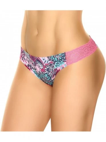 Panties Women's Raw Cut Edge Thong Lace Sides Abstract Flower Prints - Pink - CB12I3S6JAL $14.38