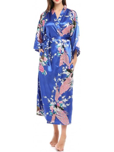 Robes Women's Kimono Satin Floral Robe Long Bathrobe Bridesmaid Sleepwear Wedding Dressing Gown - Dark Blue - CH1996Y6MQ7 $50.60