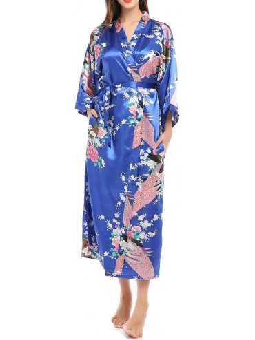 Robes Women's Kimono Satin Floral Robe Long Bathrobe Bridesmaid Sleepwear Wedding Dressing Gown - Dark Blue - CH1996Y6MQ7 $47.44