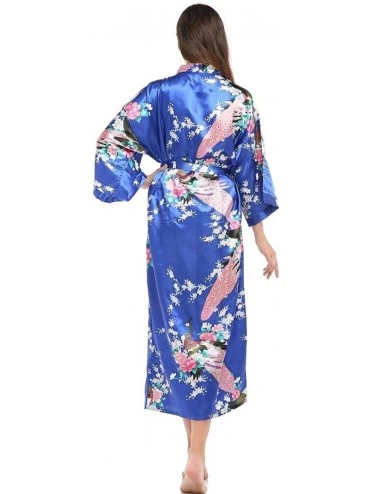 Robes Women's Kimono Satin Floral Robe Long Bathrobe Bridesmaid Sleepwear Wedding Dressing Gown - Dark Blue - CH1996Y6MQ7 $21.51