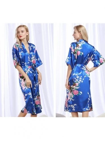 Robes Women's Kimono Satin Floral Robe Long Bathrobe Bridesmaid Sleepwear Wedding Dressing Gown - Dark Blue - CH1996Y6MQ7 $21.51