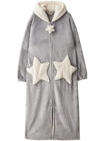 Robes Winter Robes with Hood Women Warm Bathrobes Loungewear Pajamas Long Sleeve Zipper Thick Nightgowns with Pockets - Gray-...