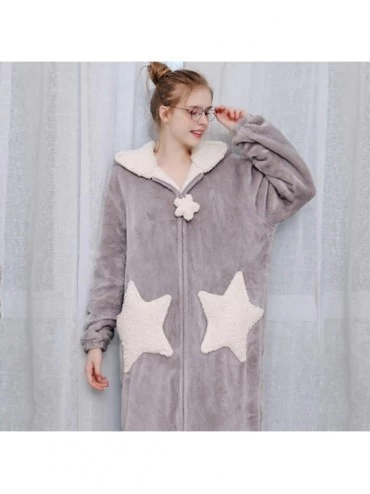 Robes Winter Robes with Hood Women Warm Bathrobes Loungewear Pajamas Long Sleeve Zipper Thick Nightgowns with Pockets - Gray-...