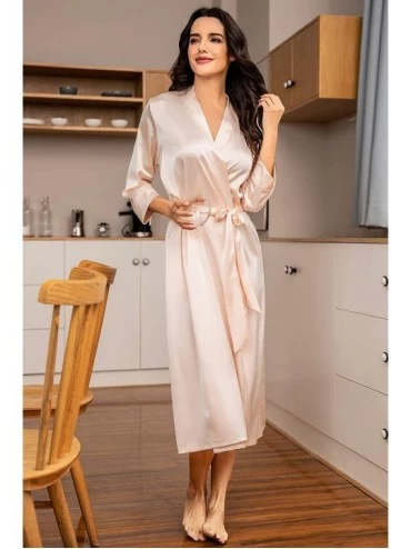 Robes Women's Bathrobe Satin Long Kimono Robes Bridesmaids Bride Lingerie Robes Sleepwear with Oblique V-Neck - Pink - C718AI...