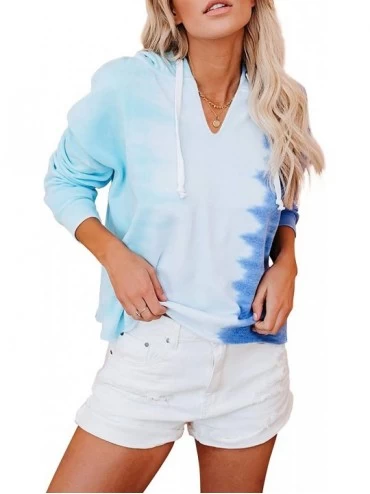Tops Women Long Sleeve Loose Tie Dye Printed Cropped Front Drawstring Casual Hoodie Pajama Tops Cotton Sleepwear Shirts Blue ...