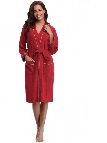 Robes Bathrobes for Women Waffle Weave Spa Robe Womens Kimono Lightweight Cotton Robe - Red - C412O8JIOL1 $21.32