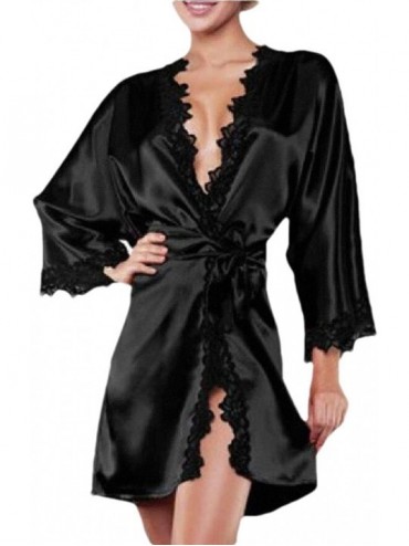 Robes Women's Ice Silk Lace Trim Sexy Bathrobe Loose Fit Soft Nightgown Spa Robe - Black - CK198YCX5SE $36.22