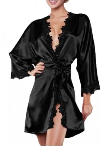 Robes Women's Ice Silk Lace Trim Sexy Bathrobe Loose Fit Soft Nightgown Spa Robe - Black - CK198YCX5SE $15.84