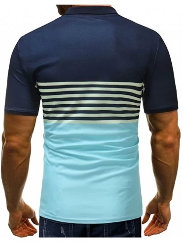 Thermal Underwear Mens Strips Patchwork Polo Shirts Summer Slim Fit Short Sleeve Button Down Tees Muscle Sports Golf Tops - B...