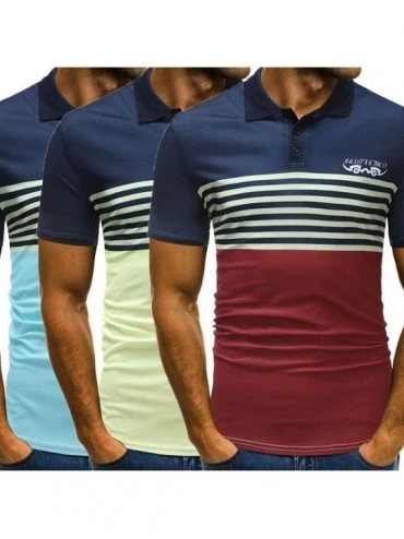 Thermal Underwear Mens Strips Patchwork Polo Shirts Summer Slim Fit Short Sleeve Button Down Tees Muscle Sports Golf Tops - B...