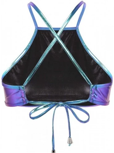 Camisoles & Tanks Woman's Metallic Glitter Criss Cross Straps Cami Crop Tank Top Vest Camisole Rave Dance Clubwear - Blue - C...