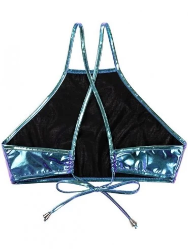 Camisoles & Tanks Woman's Metallic Glitter Criss Cross Straps Cami Crop Tank Top Vest Camisole Rave Dance Clubwear - Blue - C...