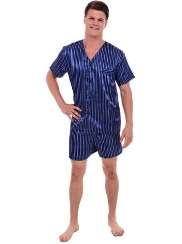 Sleep Sets Mens Satin Pajamas- Short V-Neck Pj Set - Blue Striped - CR124LC5R5H $55.20