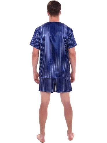Sleep Sets Mens Satin Pajamas- Short V-Neck Pj Set - Blue Striped - CR124LC5R5H $36.55