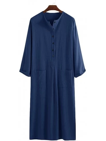 Robes Mens Henley Robes Linen Long Sleeve Kaftan Button Up Casual Solid V Neck Ankle Length Thobe Long Gown with Pocket - Blu...