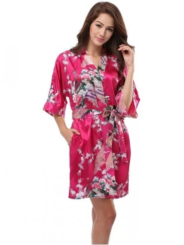 Robes Women's Kimono Robe Pockets- Peacock Design- Short - Fuchsia - CJ12NH1TVML $58.49