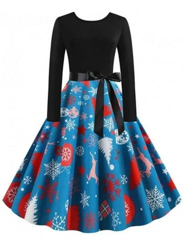 Bottoms Christmas Dress Women O-Neck Long Sleeve Printed Hight Waist Slim Fit Long Dress Temperament Beach Dress - Blue2 - CZ...