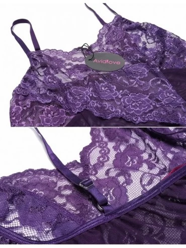 Baby Dolls & Chemises Women Lingerie Lace Sleepwear Sexy Pajamas Cami Shorts Set - Purple-1 - CS18U3Z6UDK $11.41