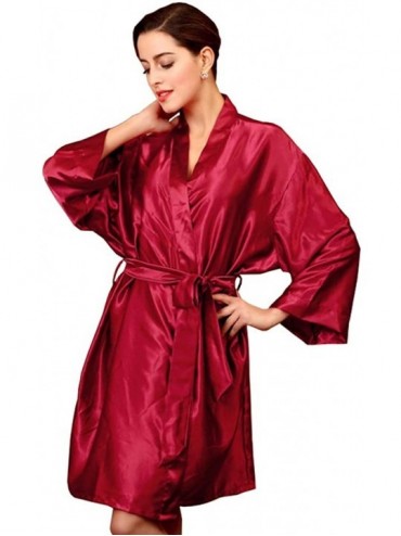 Robes Women's Summer Short Satin Kimono Robe Lightweight Pure Colour Nightwear - Red - CE18NYC4572 $50.85