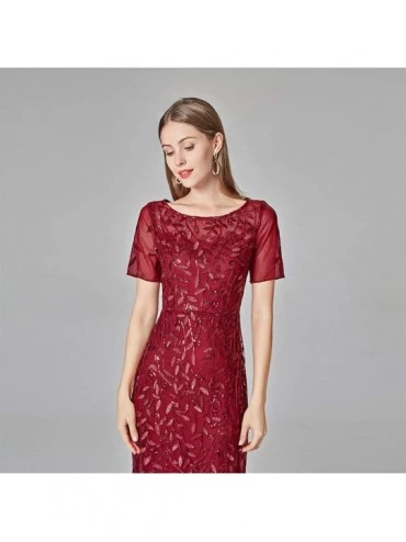 Sets Women's Illusion Embroidery Elegant Mermaid Evening Dress Short-Sleeve Leaf Sequin Beaded Mesh - Wine Red - CN19430S3YQ ...