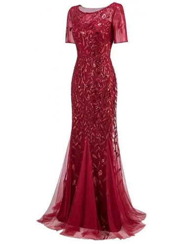 Sets Women's Illusion Embroidery Elegant Mermaid Evening Dress Short-Sleeve Leaf Sequin Beaded Mesh - Wine Red - CN19430S3YQ ...