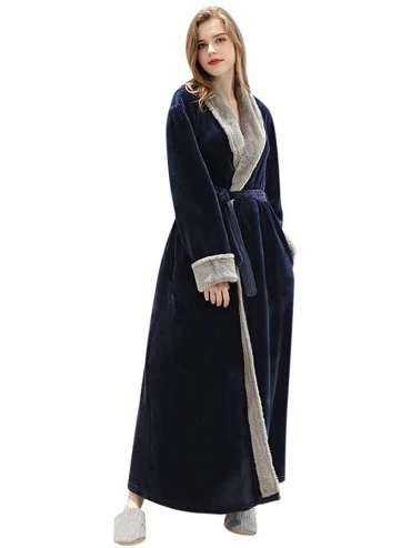 Robes Women Men Flannel Robe Long Warm Bathrobes Plush Fleece Nightgown Housecoat with Two Pockets Loungewear - Navy - C818AL...