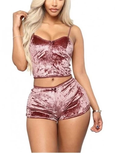 Sets Women's 2 Piece Outfit Velvet Sexy Spaghetti Strap Sleeveless Crop Top and Shorts Pajamas Sleepwear Set - Pink1 - CE18R6...